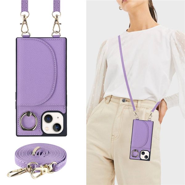 Necklace Folio Lychee Grain Phone Cases for iPhone 14 Pro Max Crossbody Chain Multiple Card Slots Matte Leather Wallet Clutch Bracket Busine