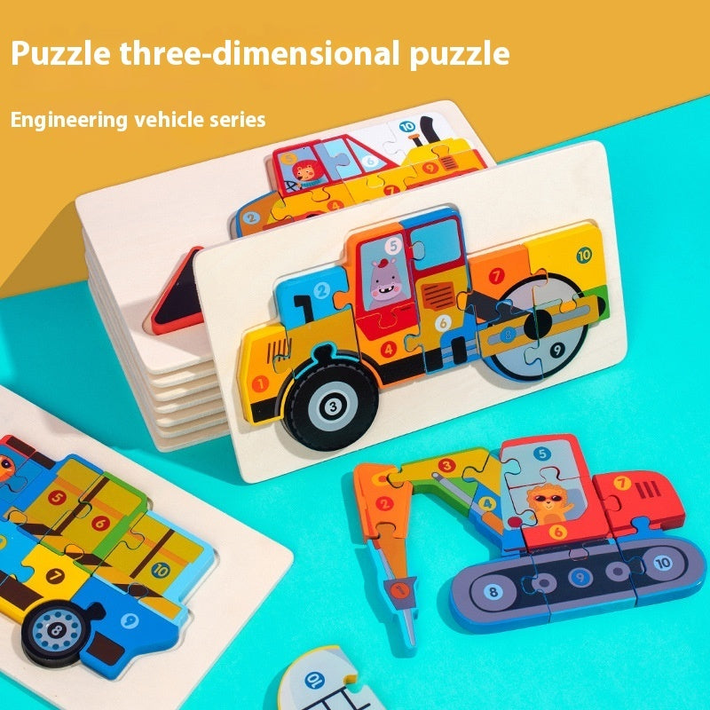 Children&#039;s Cartoon Wooden Snap Engineering Car Cognitive Pairing Introduction 3D Jigsaw Puzzle Toy 10 Pcs Wholesale