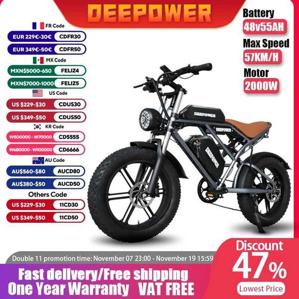 Bikes DEEPOWER S7 Bicycle 2000W Motor Adults 48V 55AH 20 Inch Fat Tire Bikes Mountain Oil Brake For E Bikes H241102