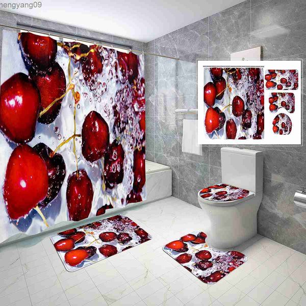 Shower Curtains Cherry Shower Curtain 4 Pcs Set Red Berries Fruits Food Bathroom Non-Slip Bath Mat Waterproof Shower Curtain Toilet Cover Se