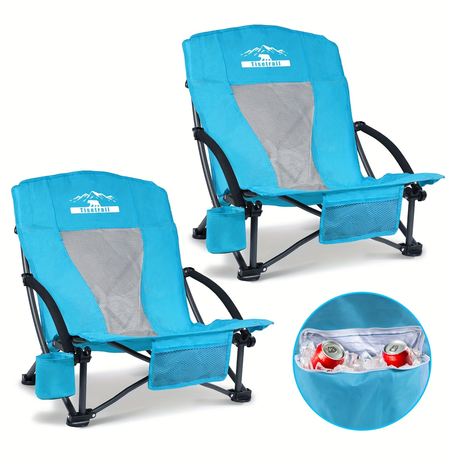 TEMU 2pcs Tisetrail Portable Folding Beach Chairs With Cooler Bag, Low Back Sling Chair With Cup Holder, Lightweight , Oxford Cloth, Painted Finish,