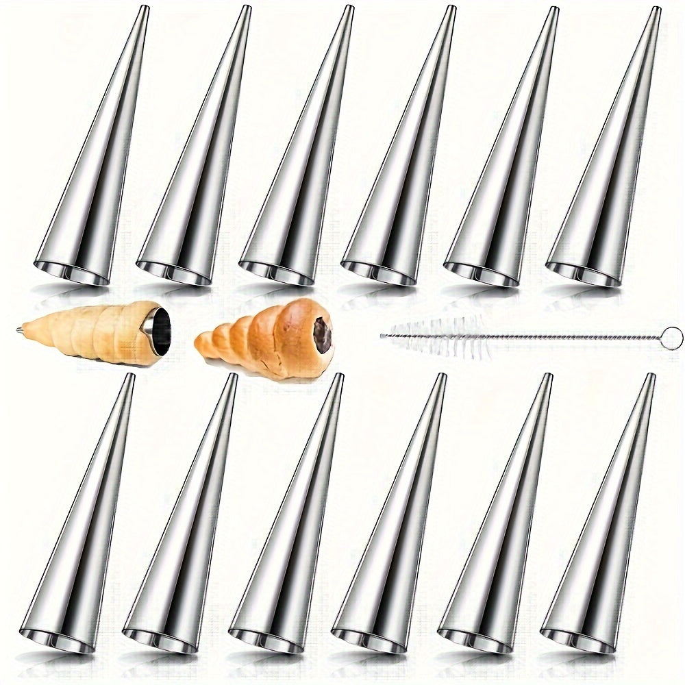 TEMU [12pcs Stainless Steel Pastry Molds] 12pcs Stainless Steel Horn Molds With Cleaning Brush, Cone-shaped Pastry Tubes For Croissants, Dessert &