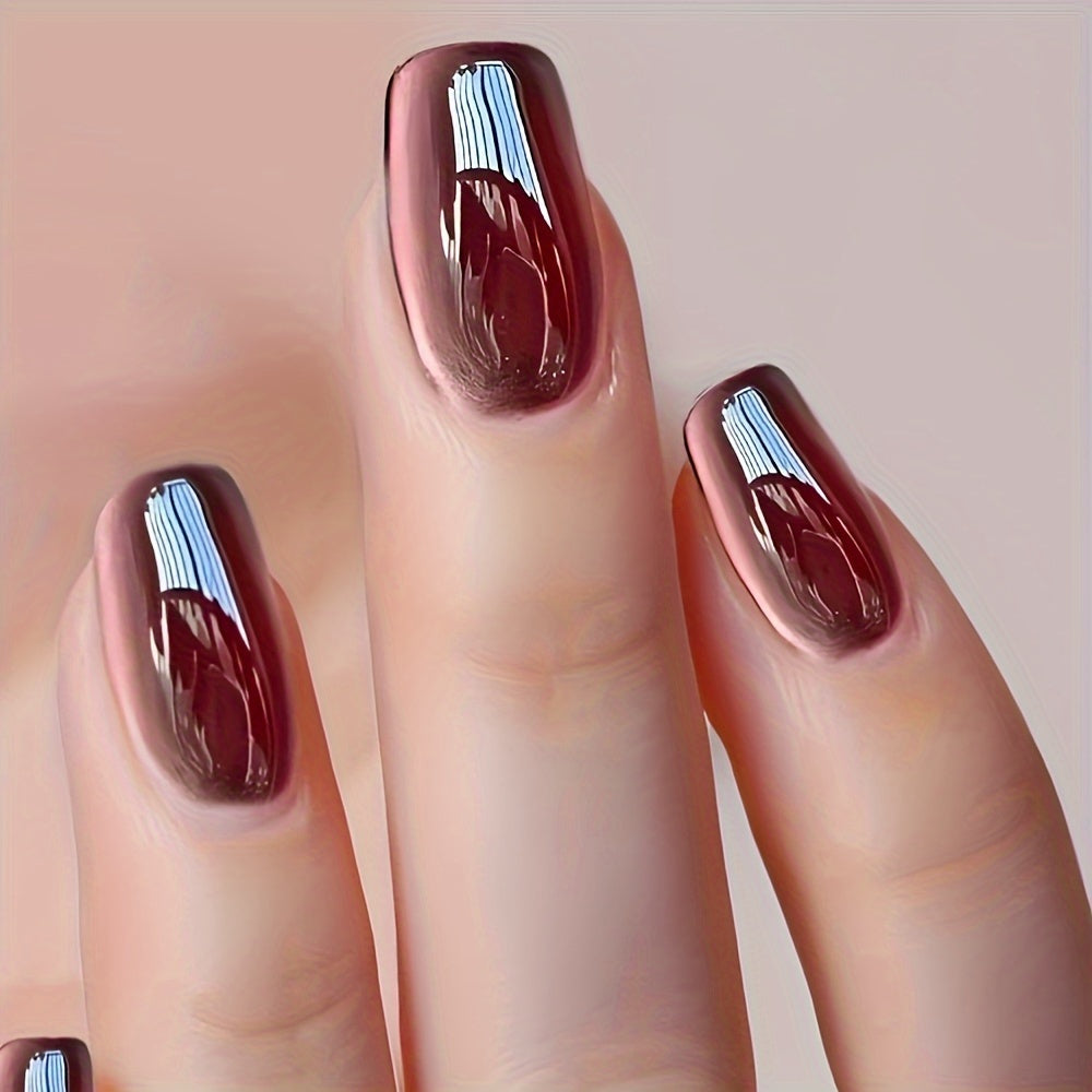 TEMU Cherry -on Nails Set, 24pcs, Mid-length Rectangular Shape, Color With Glossy Gem Cat Eye Finish, Elegant Removable Adhesive Manicure Kit For