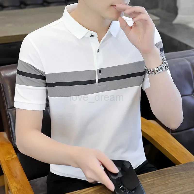 Men Short Sleeved T-shirt Summer Korean Slim Lapel Collar Stripe Contrasting Colors Patchwork Comfortable Commuting Polo ShirtXJ240920