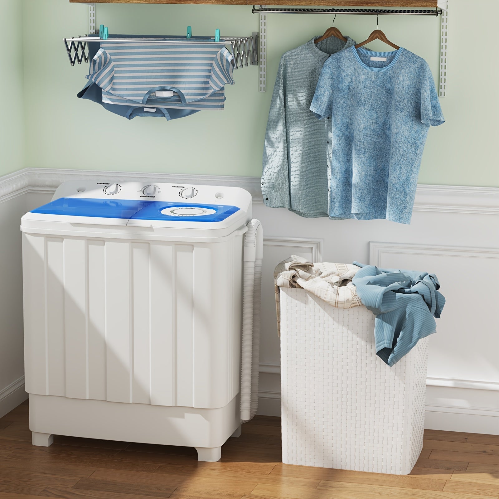 TEMU 30lbs Portable Washing Machine, Semi-automatic Twin Tub Washer & Spinner Combo (20lbs Wash + 10lbs Spin), Compact Laundry Machine With Built-in