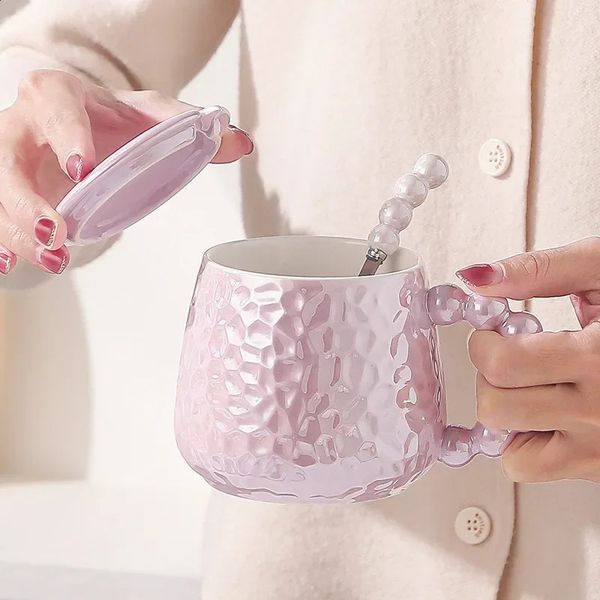 400ml colored pearl ceramic cup with lid and spoon high appearance suitable for family breakfast milk tea cups coffee 240923