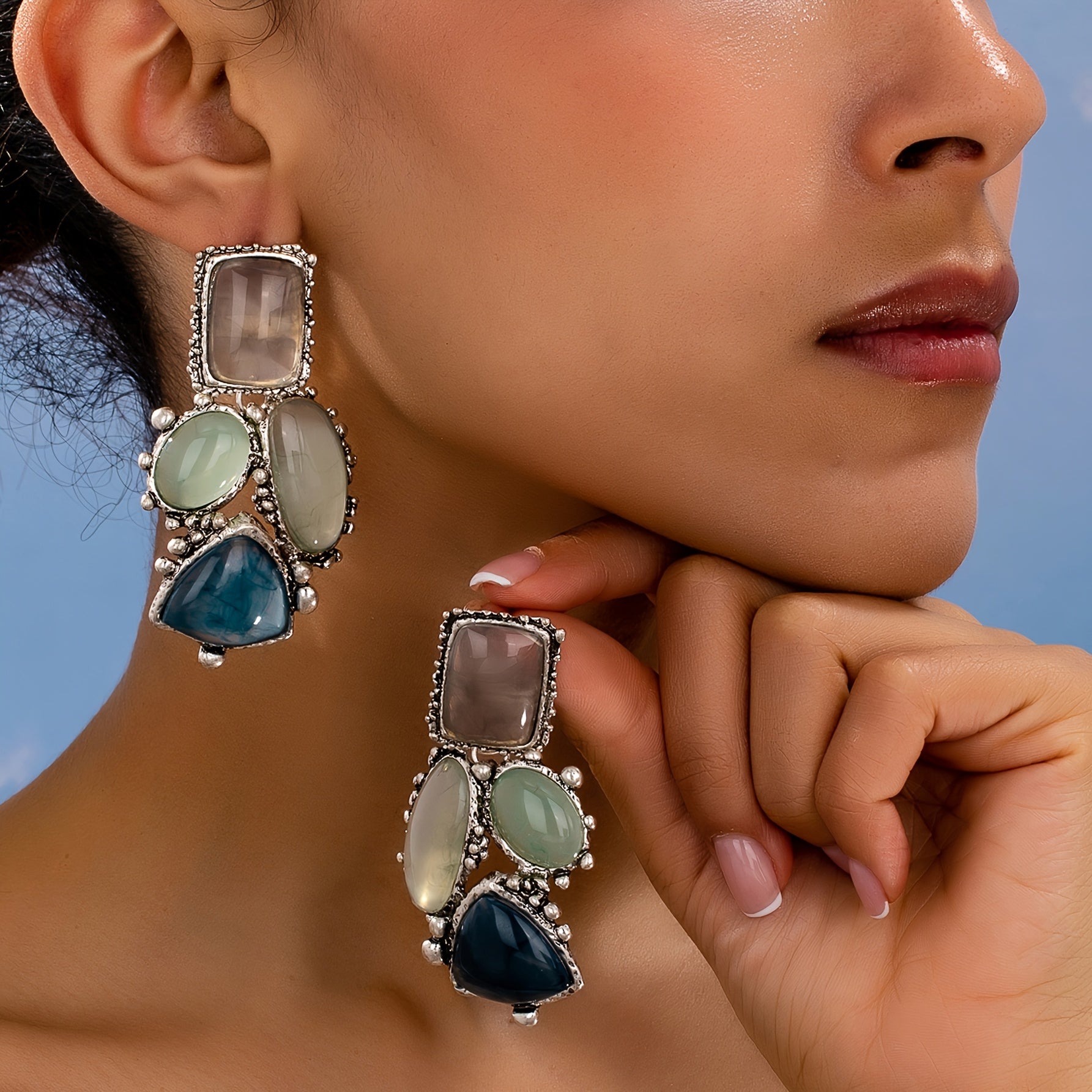 TEMU Pair Of Bohemian Style Fashionable Colorful Irregular Geometric Square Oval Dangle Earrings, Casual Attire And Gifting