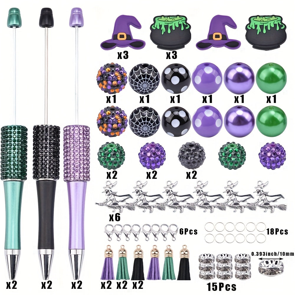 TEMU 6pcs Halloween Hat & Potion Bottle Bead Pen Set With Twistable Caps - Silicone & Diy Craft Kit For Party Favors, Themed Events, Office & School