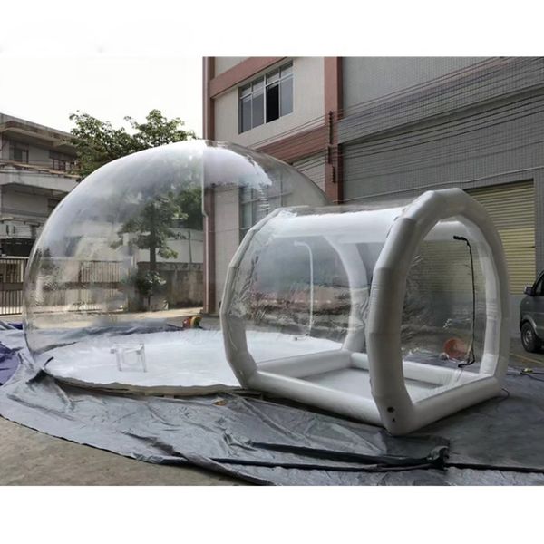 wholesale Clear Top Resort Inflatable Bubble Tent With Single Tunnel Event Air Dome Transparent House For Outdoor Camping 4m dia bubble+1.5m