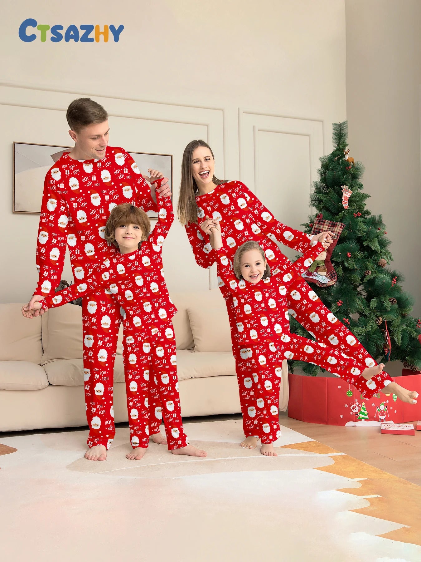 Family Matching Xmas Sleepwear Red Santa Printed Pajamas 250917