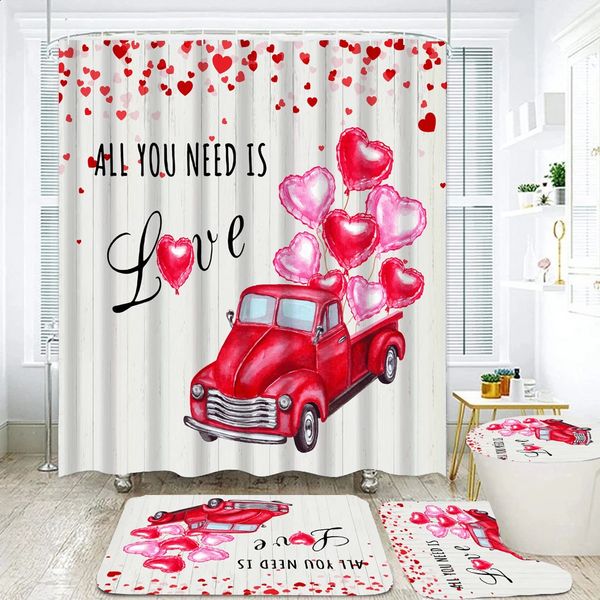 Fashion Car Pink Balloon Shower Curtains Set Valentines Day Romantic Heart Love Bathroom Curtain Non-Slip Bath Mat Toilet Cover 250120