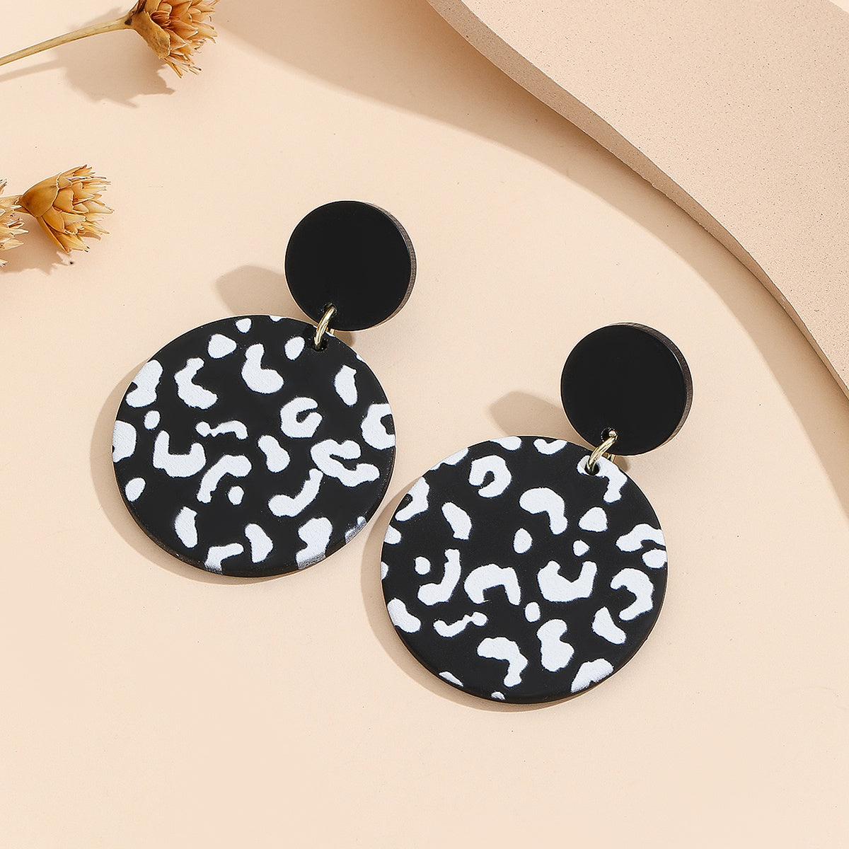 TEMU Round Shape Cow Pattern Dangle Earrings Polymer Clay Texture Elegant Japanese- Korean Style Trendy Female Gift