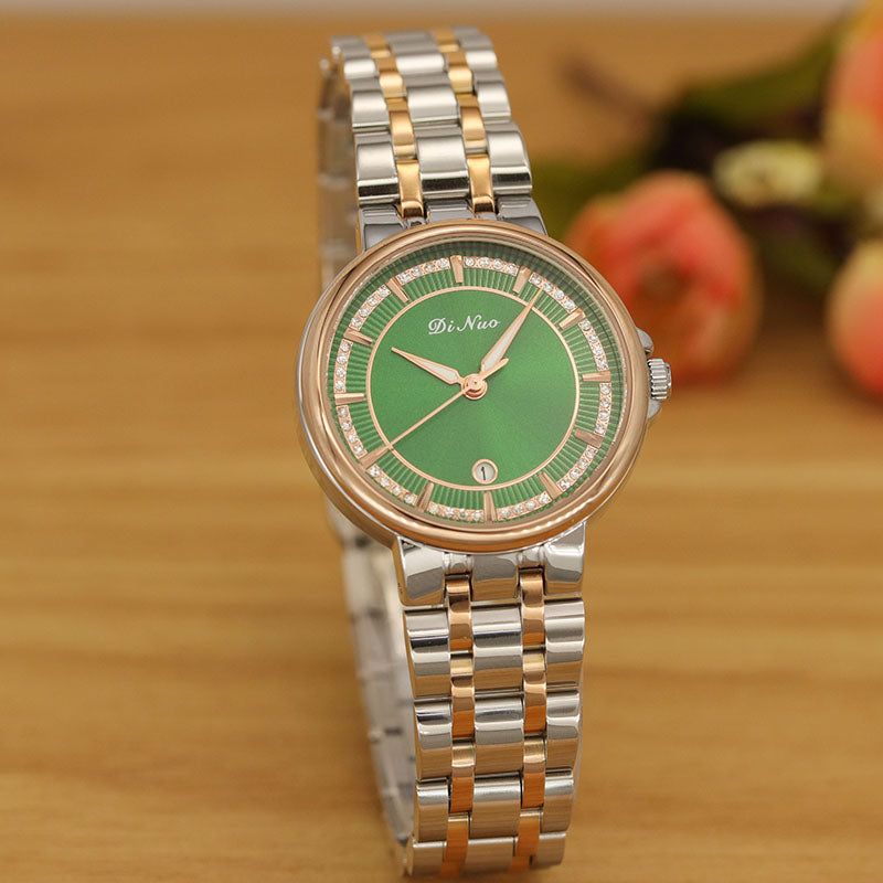 Dinuo Rose gold strap Green Watch Women&#039;s Watch Business Steel Belt Diamond Inlay Watch High-end Luxury Calendar Quartz Watch Gift Good Birthda