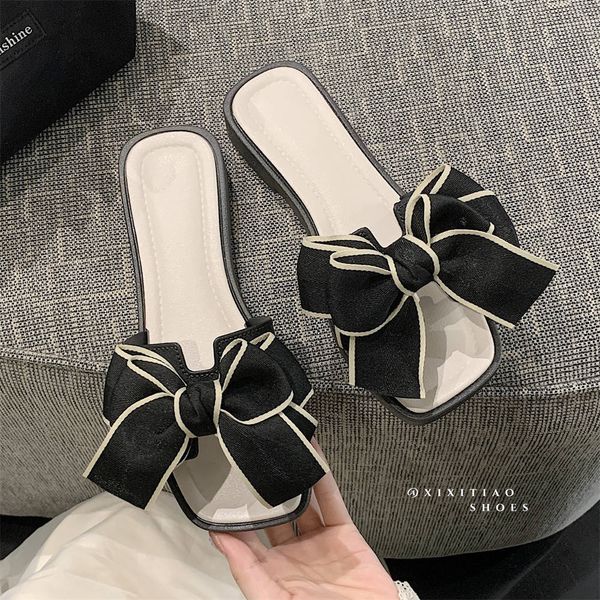 2024 New Slippers Women&#039;s summer shoes Creative Black bow slippers Indoor street sandals girls beach shower slide