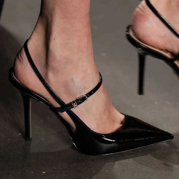 New Summer Wedding Shoes Wens Pointed Suspenders High H Wen Dance Stiletto Shoes 35-40 Baotou Buckle Lacquered Leather Z241207
