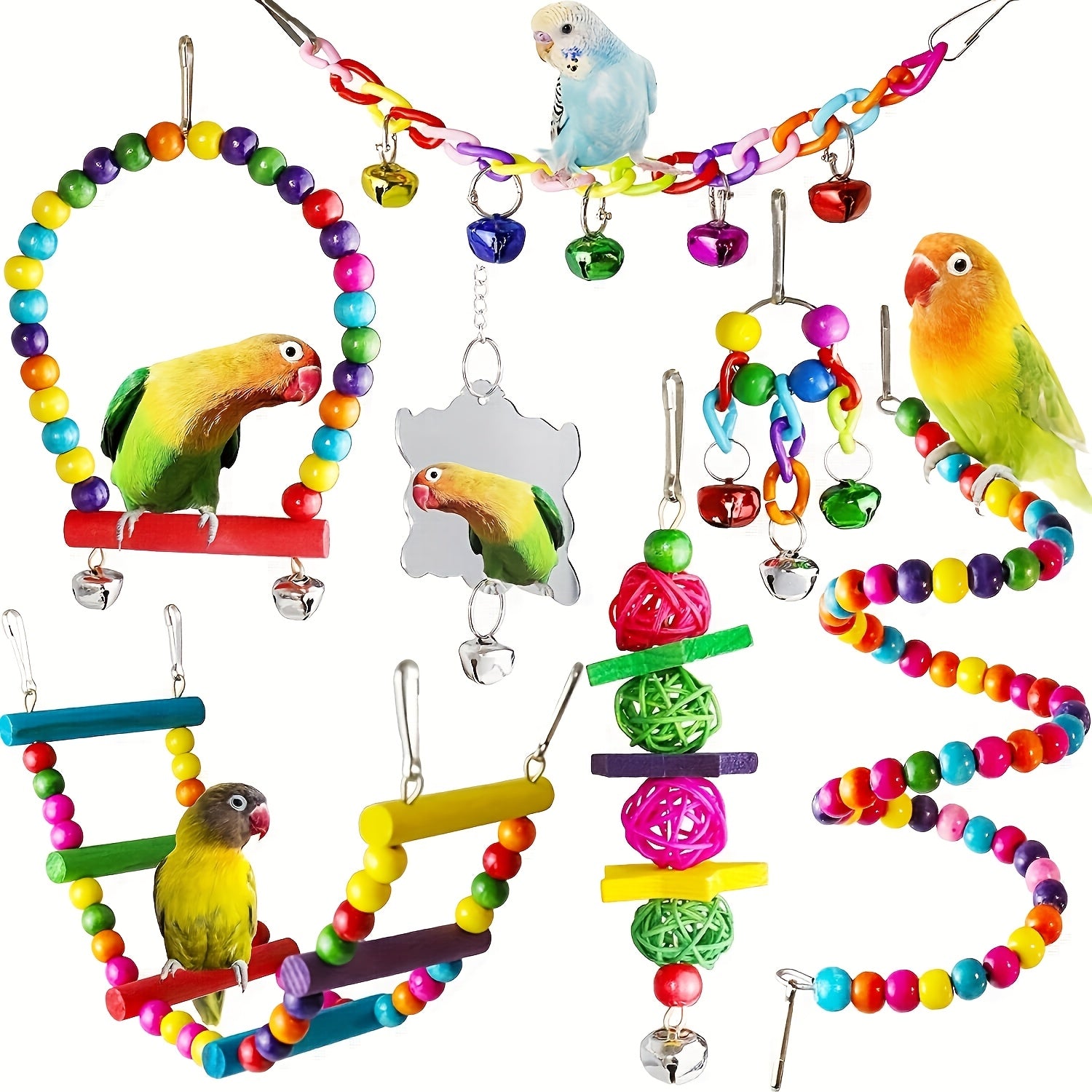 TEMU 7pcs Bird Toys, Bird Chewing Toy, Bird Swing , Bird Ladder Hanging Bird Mirror Toy, Birdcage Accessories For Parakeet, Conure, Cockatiel, , ,