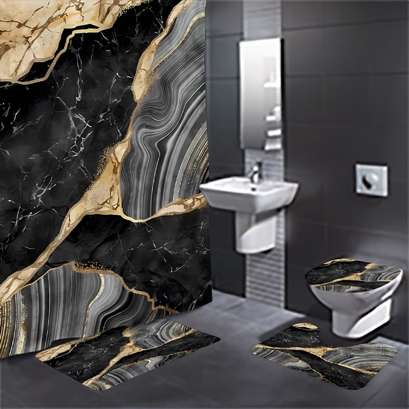 TEMU 1-4pcs Black Marble Patterned Shower Curtain Set, Including Waterproof Shower Curtain, Non Slip Floor Mat, Toilet Seat Cover, And U-shaped Pad
