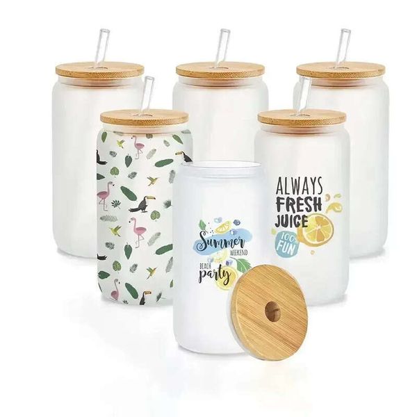 Sublimation Usa-Ca Warehouse Glass 16Oz Beer Mugs With Bamboo Lid Straw DIY Blan Frosted Clear Can Shaped Tumblers Cups Heat Transfer Tail N