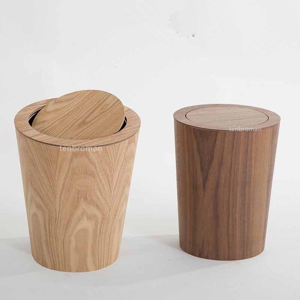 Waste Bins 9L Garbage Can with Lid Waste Bins Solid Wood Wastebasket Home Cleaning Tools Round Trash Can Swing Cover Office Storage Baskets