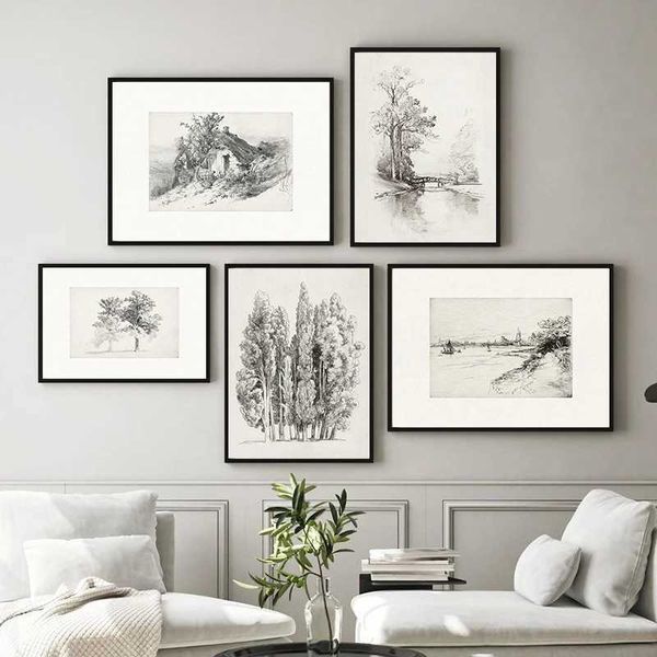 New Arrival Neutral Gallery Wall Art Canvas Painting Farmhouse Plants Vintage Sketch Prints Rural Landscape Posters Wall Pictures Home Decor