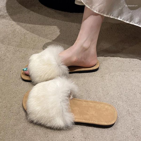 Slippers Womens Winter Flat Round Head Plush Open Toe Sandals Casual Comfortable Lightweight Soft Soled