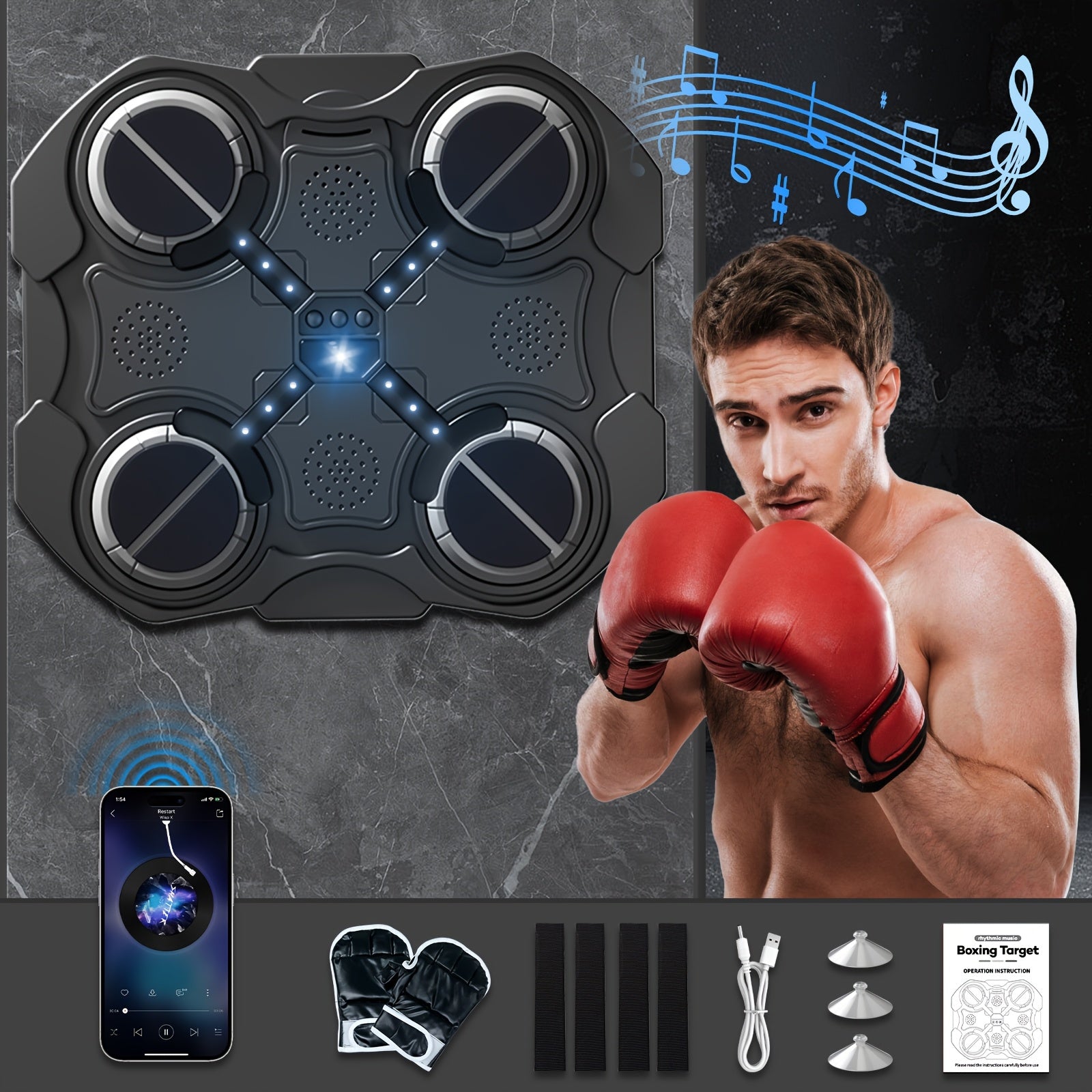 TEMU Musical Boxing Machine With Boxing Gloves, Controllable Volume Electronic Wall Mounted Boxing Machine With Led, Musical Boxing Exercise Punching