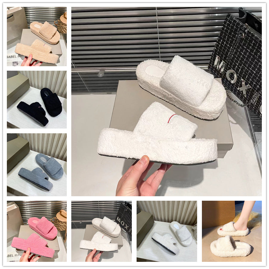 Furry Slippers Luxury Men Women Designer Sandals Slider Lady Fashion Wool Fur Fluffy Letters Slides Black White Pink Grey Beige Warm Platform Flip F