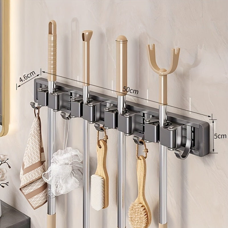 TEMU Heavy-duty Adjustable Metal Mop And Broom Holder - Wall-mounted Organizer With Adjustable Hooks, Space-saving Garage, Kitchen, Laundry Room