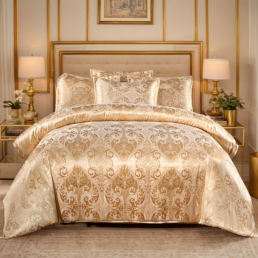 TEMU 3pcs Set Classic Jacquard Luxury Golden Satin Quilt Cover (1 Quilt Cover + 2 Pillowcases Without Pillow Core), Lightweight Microfiber Breathable