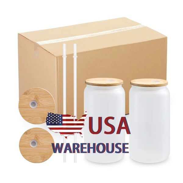 US Warehouse 3 days delivery 16oz Sublimation Glass Mugs Cup Blanks With Bamboo Lid Frosted Beer Can Glasses Tumbler Mason Jar Plastic Straw