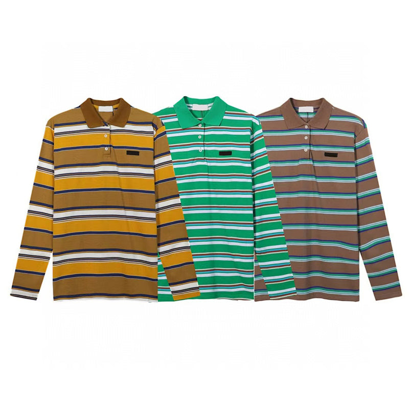 Designer tshirt Tshirt fashion long sleeve polo collar green stripe pure cotton college style women shirts versatile casual loose womens t shirt ski