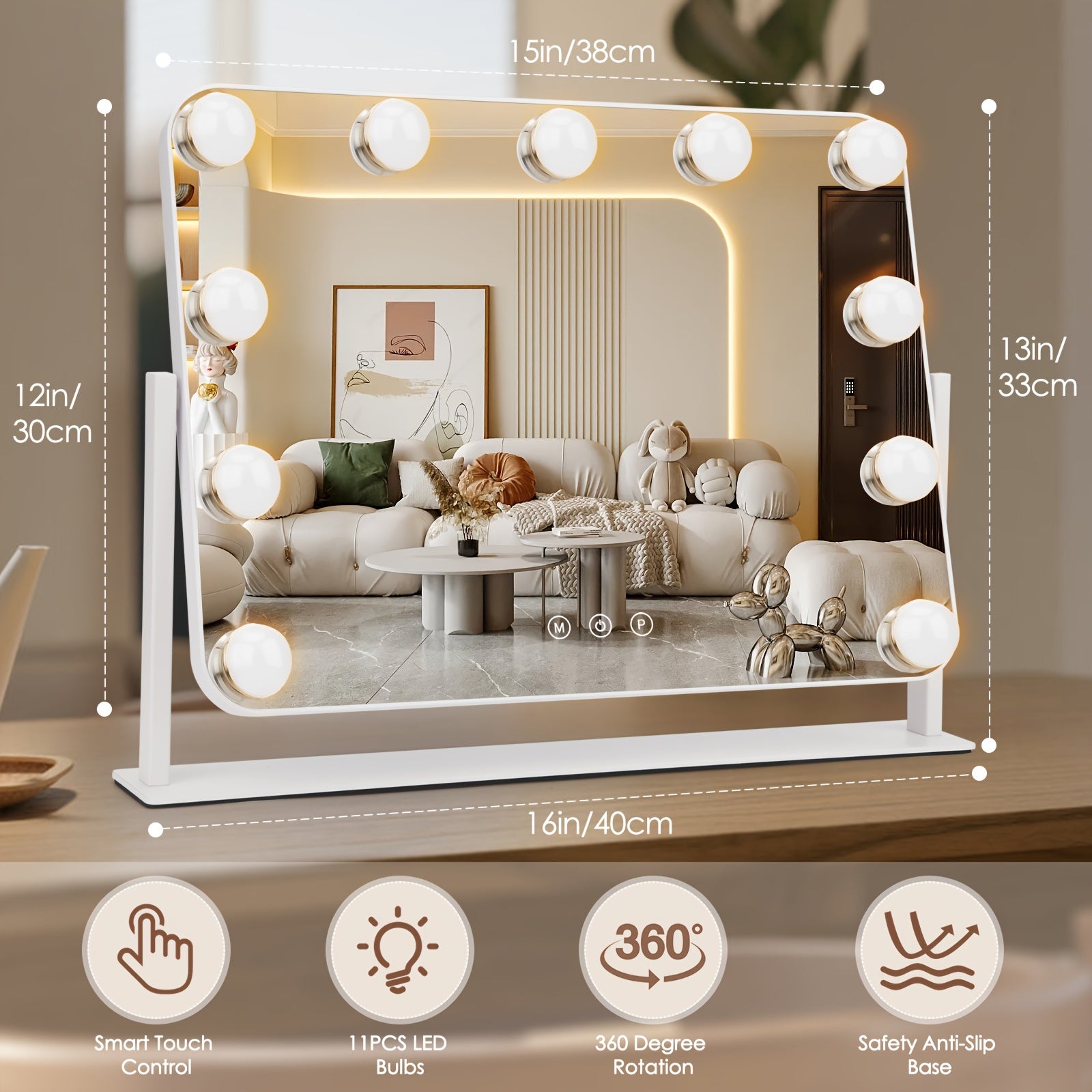 TEMU Lighted Vanity Mirror, Makeup Mirror, Style Mirror With 11 Adjustable Brightness Led Bulbs, 3 Color And Detachable 5x Magnifying Mirror, Slim