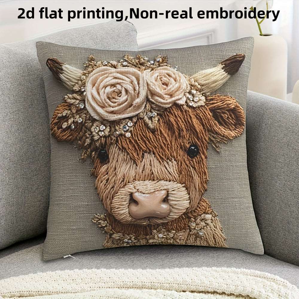 TEMU 1pc, 2d Flat Printing Highland Cow And Rose Pillowcase, Soft And Smooth Polyester Velvet Fabric With Single-sided Print (not Embroidery),