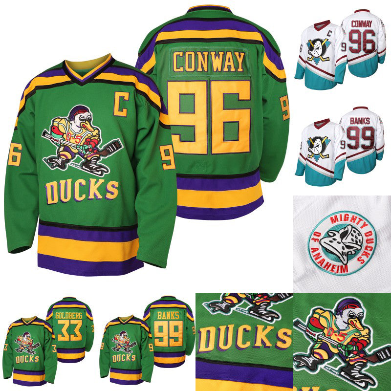 Hockey Jerseys 96 Charlie Conway 1996 Mighty Ducks Movie Hockey Jersey 33 Greg Goldberg 99 Adam Banks Green All Stitched And Embroidery In Stock