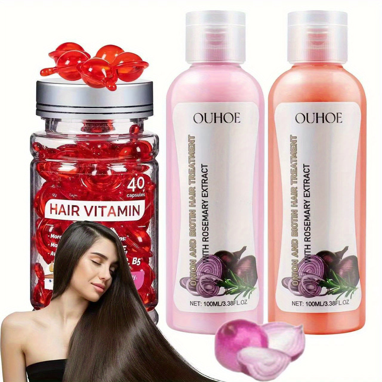 TEMU 1set Onion Biotin And Rosemary Shampoo & Conditioner Set And Hair Vitamin Serum Capsule, No Rinse With Moroccan Macadamia Moisturizing Oil