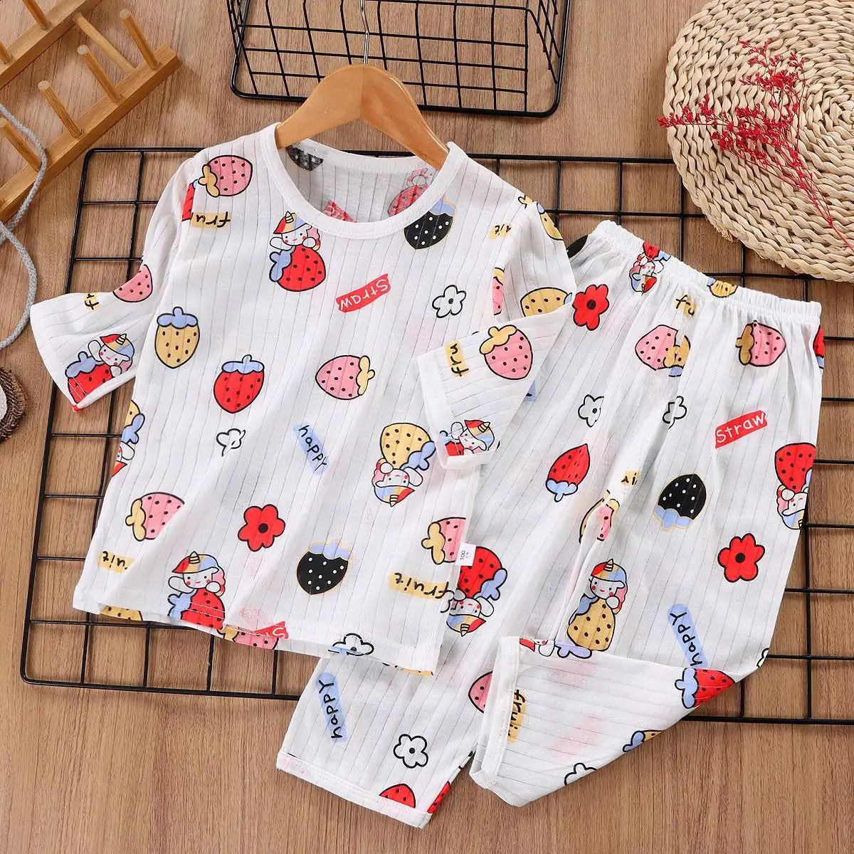 K208 Toddler Girl&#039;s Lightweight Pajama Set - Cartoon Pattern Summer Sleepwear with Short Sleeves