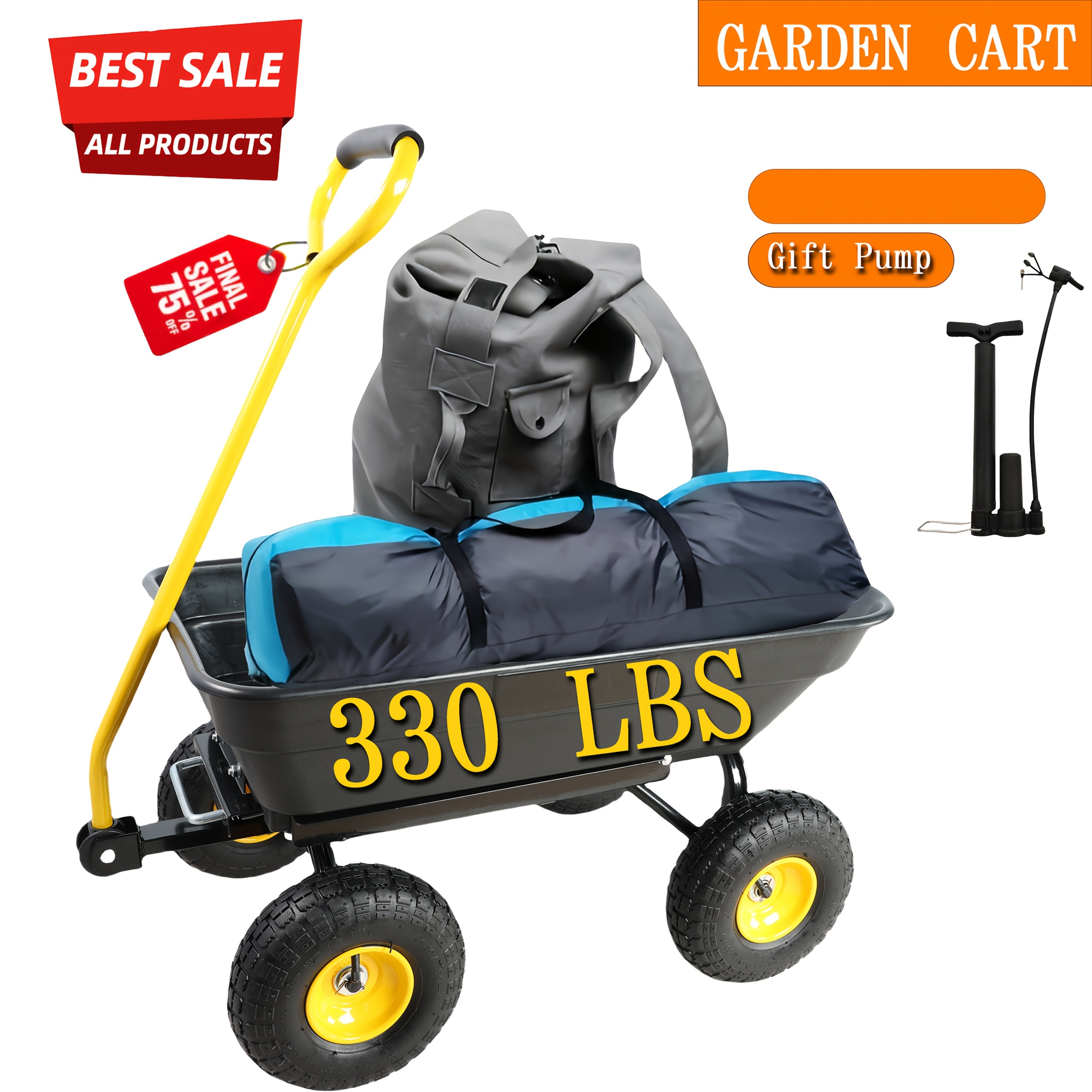 TEMU Heavy Duty 330 Lbs Folding Wagon Cart, Dump Cart With 10" Pneumatic Tires & 180° Swivel Handle - Foldable Garden , Large Capacity Utility Wagon