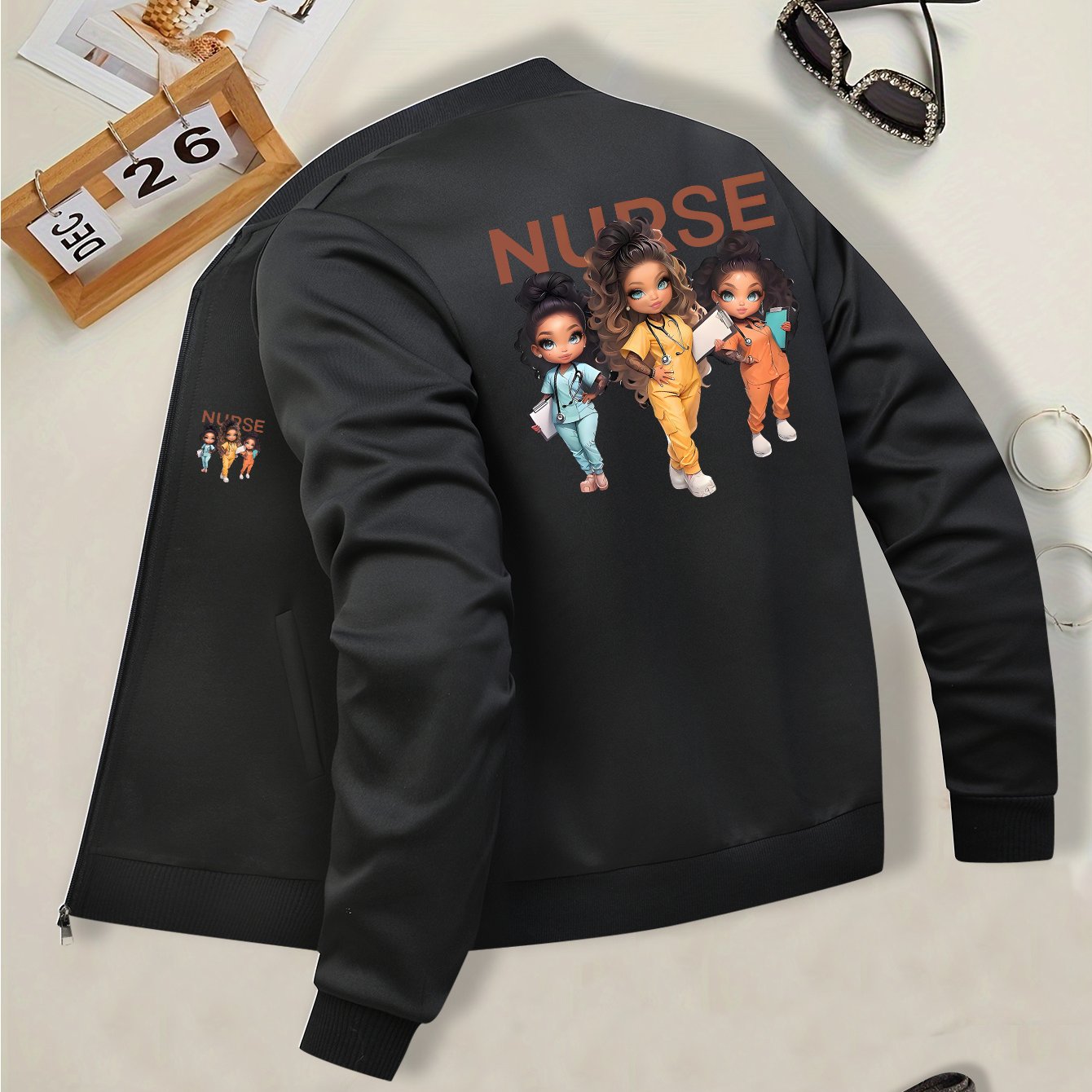 TEMU Women's Nurse Jacket, Polyester Knit Fabric, Baseball Collar, Long Sleeve Zip-up Outerwear With Pockets For All