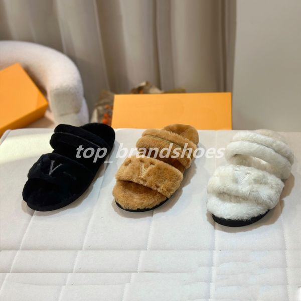 Fur Slipper Sunset Comfort Flats Slippers Designer Slides Women Fuzz Embroidery Sandals Double Band Winter Warm Mules