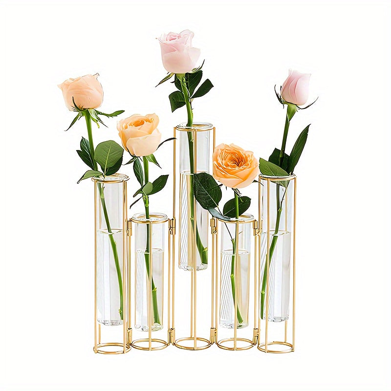 TEMU Test Tube Vase With 5 Test Tubes, Gold Flower Vase For Centerpiece, Water Jet Gold Flower Vase With Metal Bracket, Glass Propagation Plant Vase