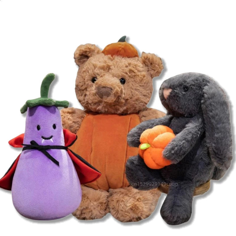 Creative Pumpkin Bear Plush Toys Soft Black Rabbit Hold Earphone Cloak Eggplant Stuffed Doll Halloween Trick Or Treat 250822