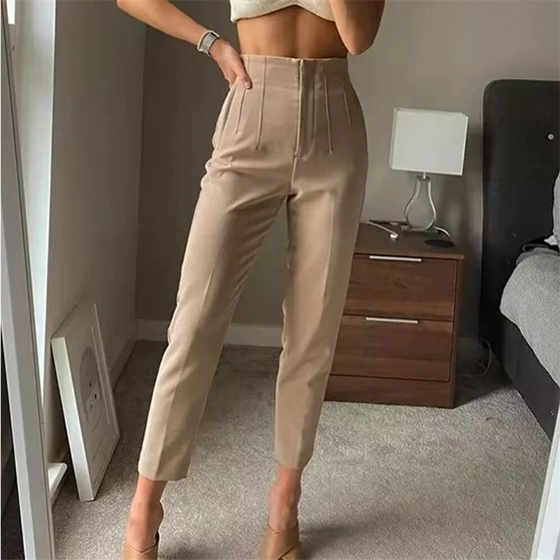 TRAF Fashion Office Wear High waist Pants for Women Formal outfits Pencil Trousers Black Pink White Ladies y240829