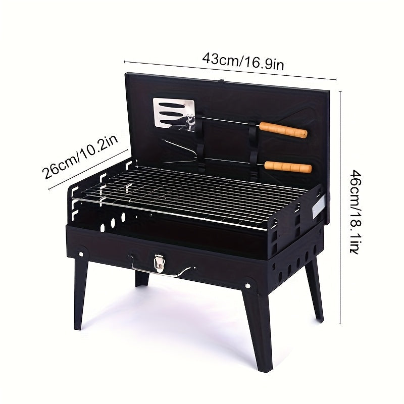 TEMU Square Charcoal Grill With Grill Fork, Bbq Outdoor Folding Grill, Food , Folding Camping Grill With Bbq Accessories And Lid For Outdoor Cooking