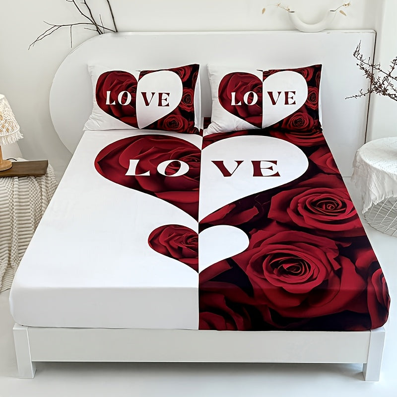 TEMU 3pcs Red And Heart Bed Sheet(1pc Bed Sheet+2pcs Pillowcase No Filling), Deep Pocket In 15 Inch Machine Washable, Hypoallergenic, High Quality