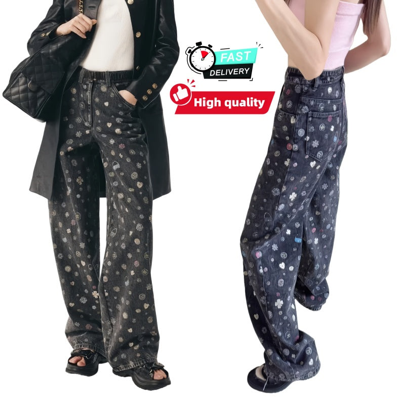 Women jeans Designer Style Mid Rise All-Over Print Comfortable Denim Trousers fashion Printed Colorful logo Black jeans Street daily autumn and wint