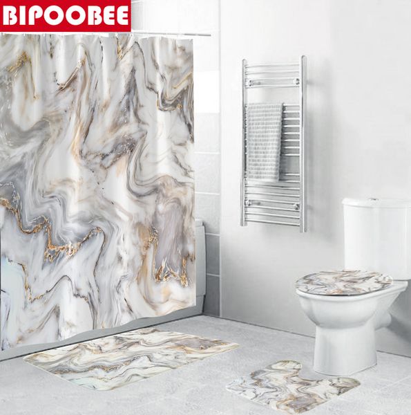 Shower Curtains Marble Waterproof Soft Fabric Bathroom Set Stripes 3d Bath Curtain Anti-skid Rug Toilet Lid Cover Mat Home Decor 230422