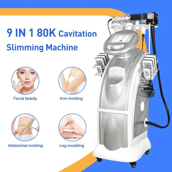 Non-Invasive Skin Smoothing and Body Shaping Weight Loss Equipment 9 in 1 Physiotherapy Vacuum Cavitation Lipolaser RF Vibrating Rolling Mas