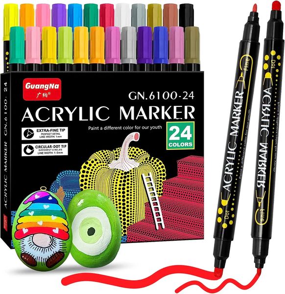 24 Colors Paint Markers Dual Tip Acrylic Pens Ideal for Wood Rock Painting Canvas Stone Glass Ceramic 231220