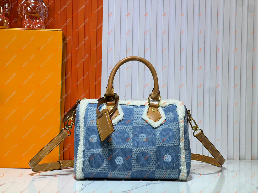 Speedys 25 Designer Men&#039;s Bag Boston Shoulder Bag High Quality Damier Denim 3D Cotton Canvas Ski Series Men&#039;s Winter Plush Handbag