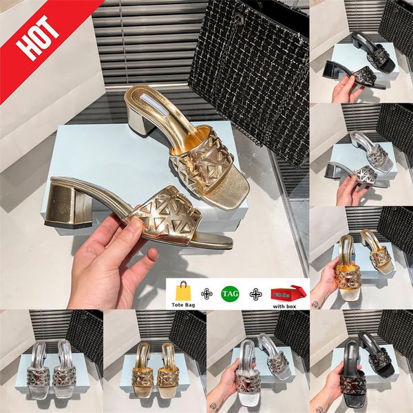 With Box womens Block Heel Slides designer sandals metallic gold silver black women Chunky Heels casual slippers ladies dress shoes Formal E